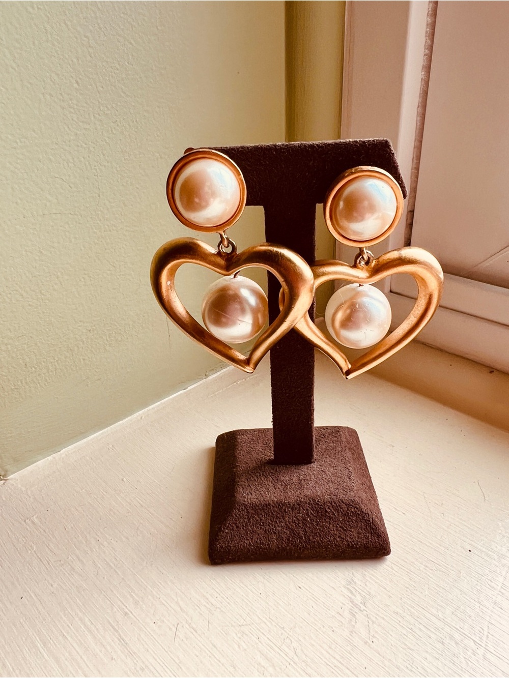 Vintage Gold Heart Drop Earrings with Pearl Accent Clip Ons